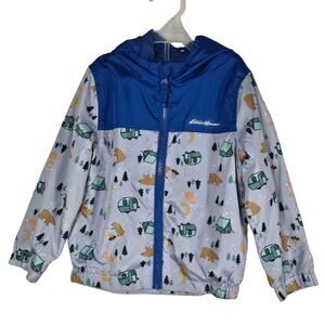 Eddie Bauer Jacket Toddler 3T Blue Gray Hooded Zip Windbreaker Camping Print